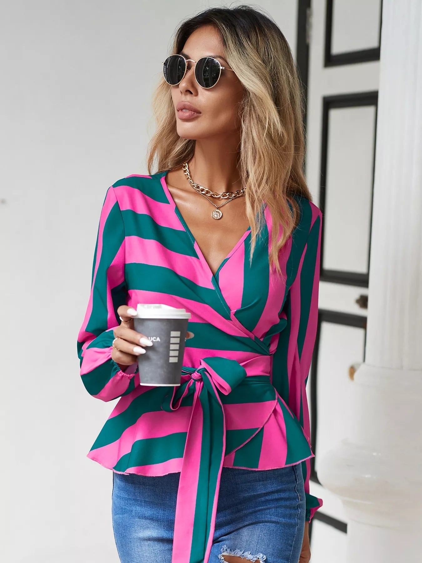 Striped Wrap Blouse with Tie Detail  Shop One Place