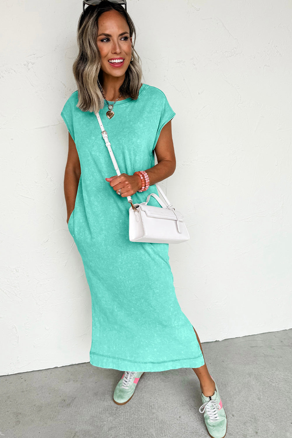 Clearly Aqua Mineral Wash Pocketed T-shirt Dress  Shop One Place