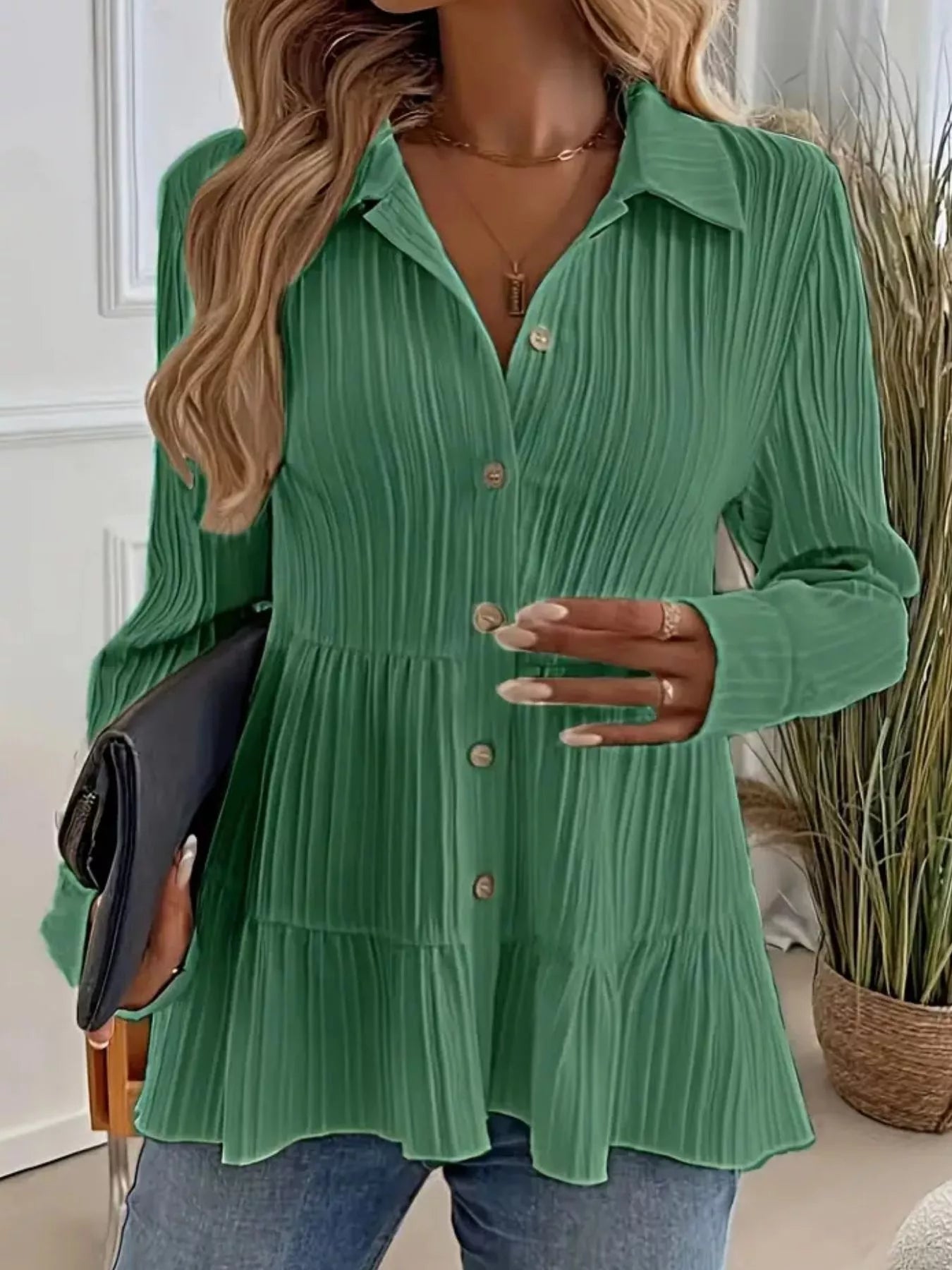 Button-Down Long Sleeve Tiered Shirt  Shop One Place