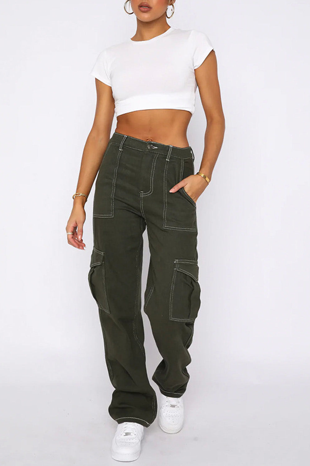 Contrast Stitching High Waist Cargo Jeans