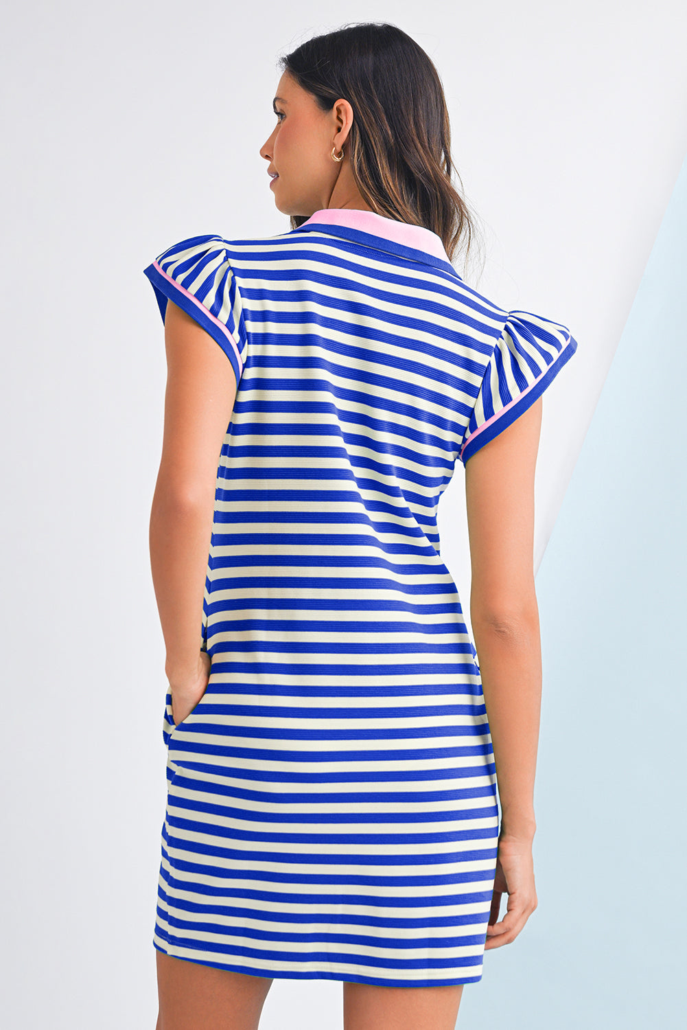 Dark Blue Striped Ruffle Short Sleeve Pop of Color Neckline Dress  Shop One Place