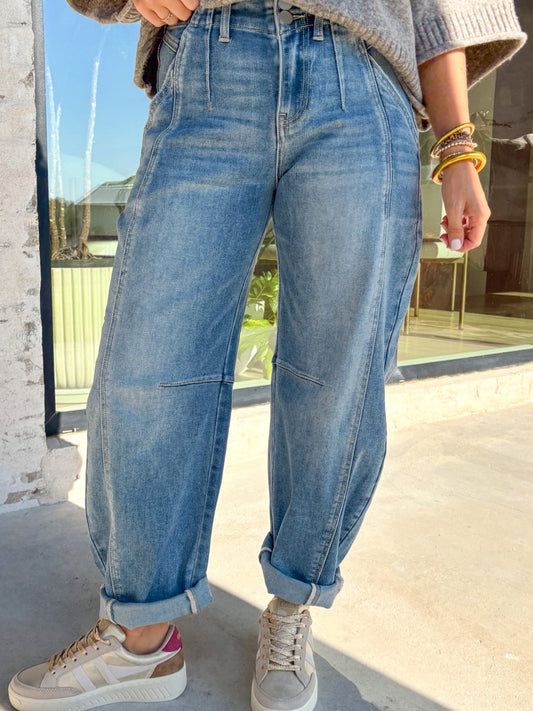 Washed Cuffed Barrel Jeans  Shop One Place