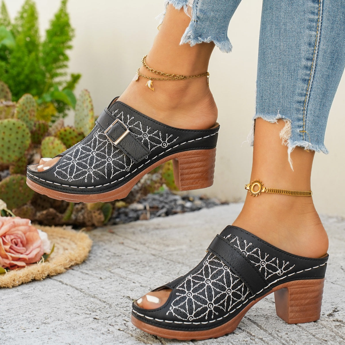 Buckle Decor Block Heel Sandals  Shop One Place