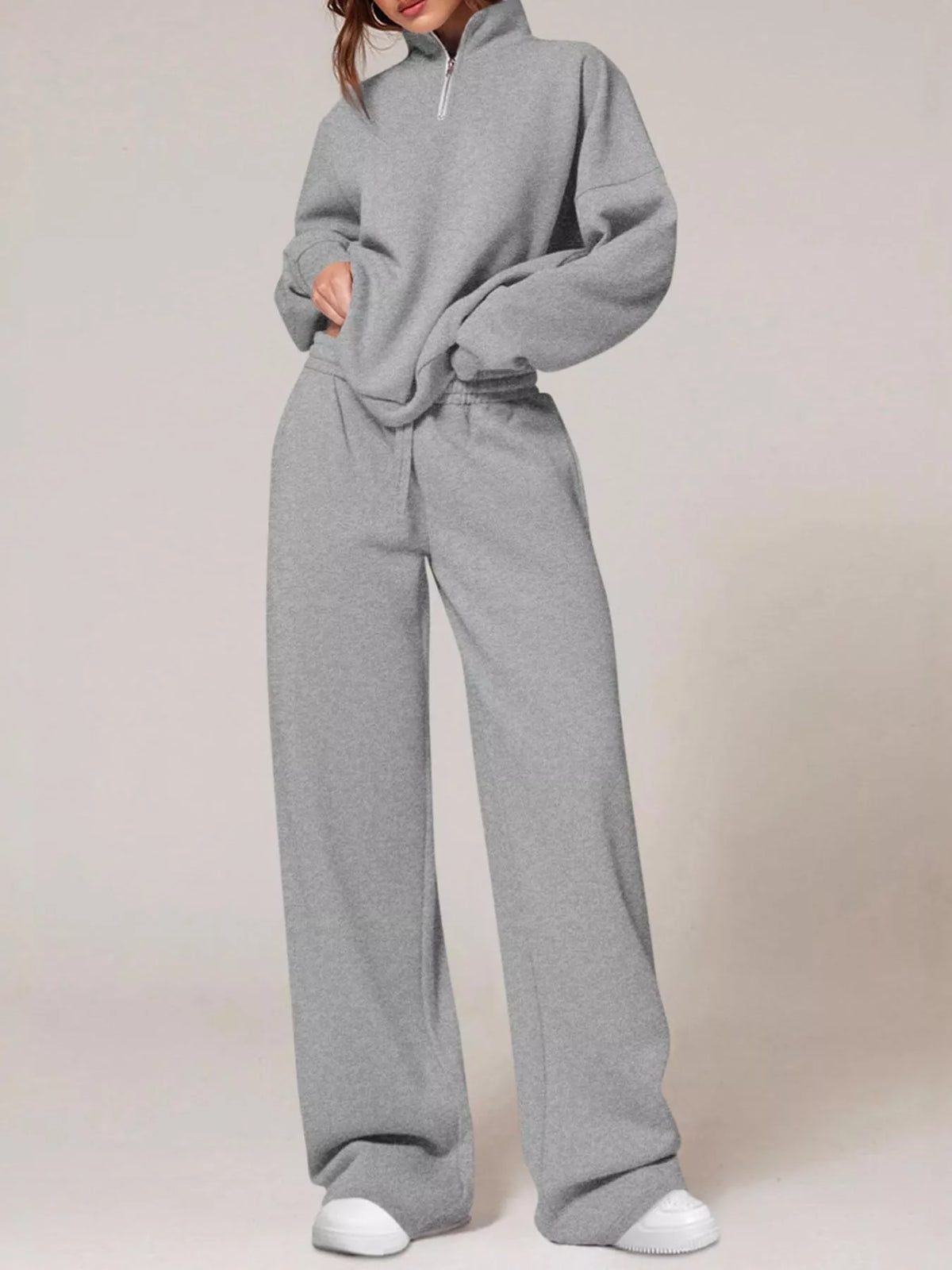 Half-Zip Sweatshirt and Wide-Leg Sweatpants Set  Shop One Place