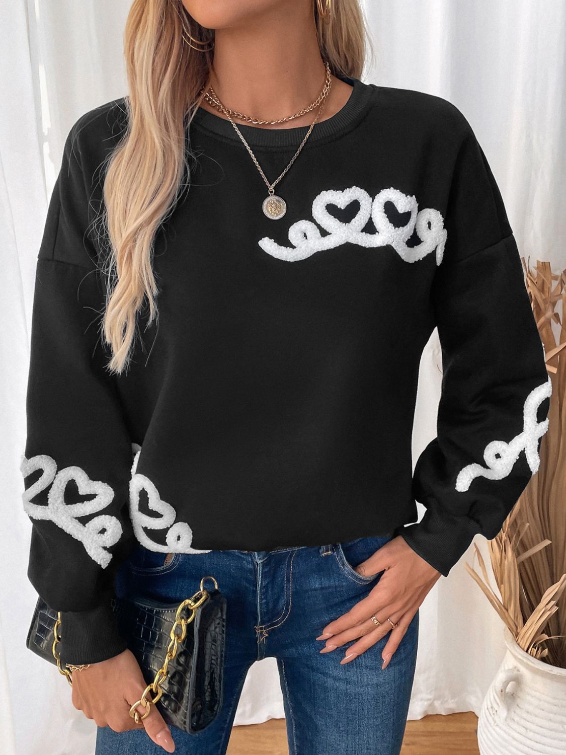 Perfee Heart Round Neck Long Sleeve Sweater  Shop One Place