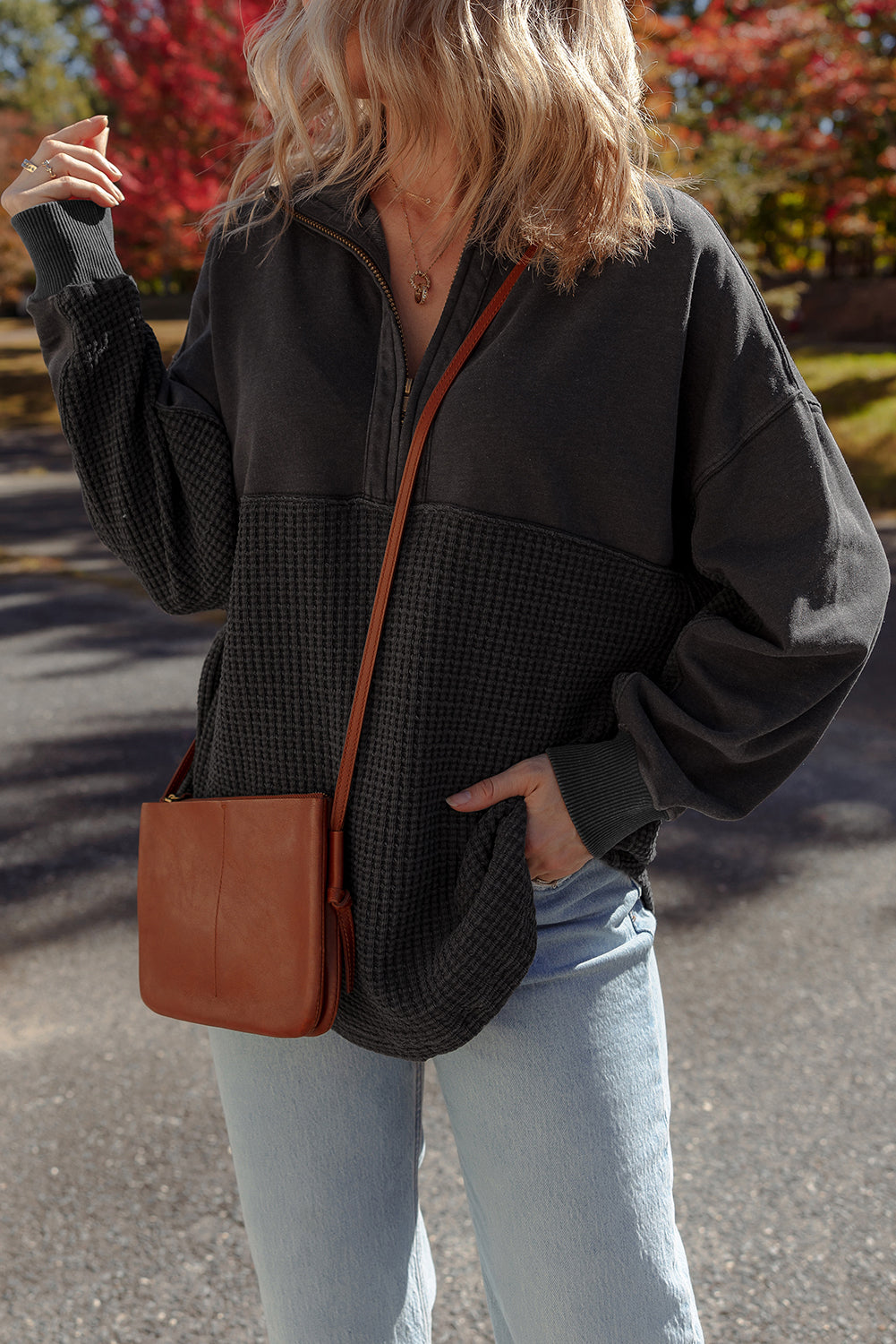 Carbon Grey Waffle Knit Patchwork Half Zipped Casual Sweatshirt  Shop One Place