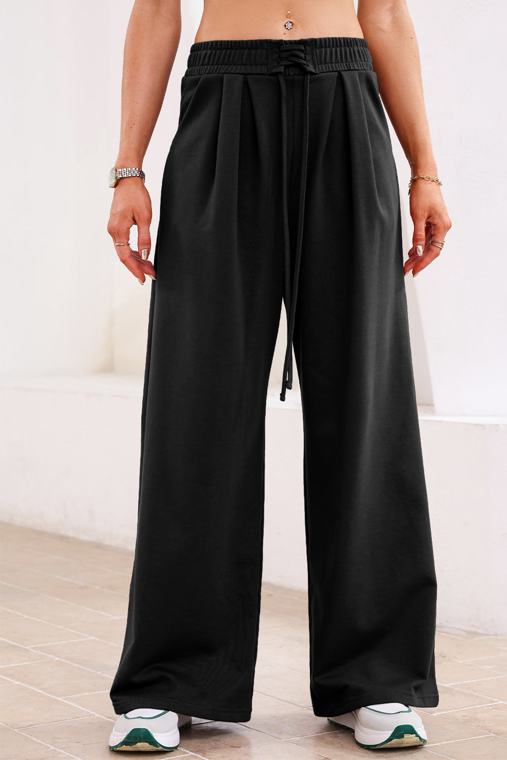 Tied Elastic High Waist Pleated Detail Solid Sweatpants