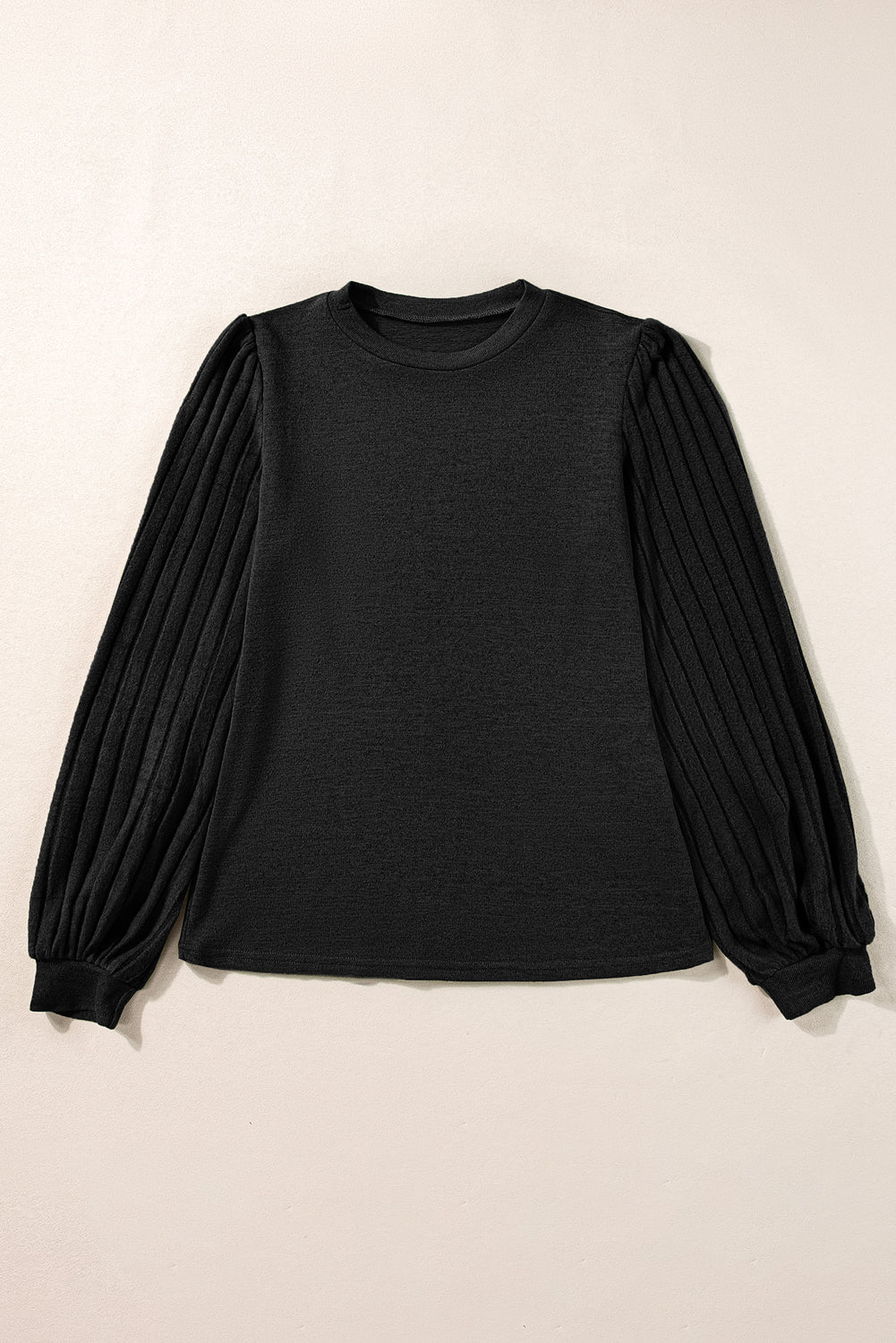 Solid Color Contrast Ribbed Bishop Sleeve Top