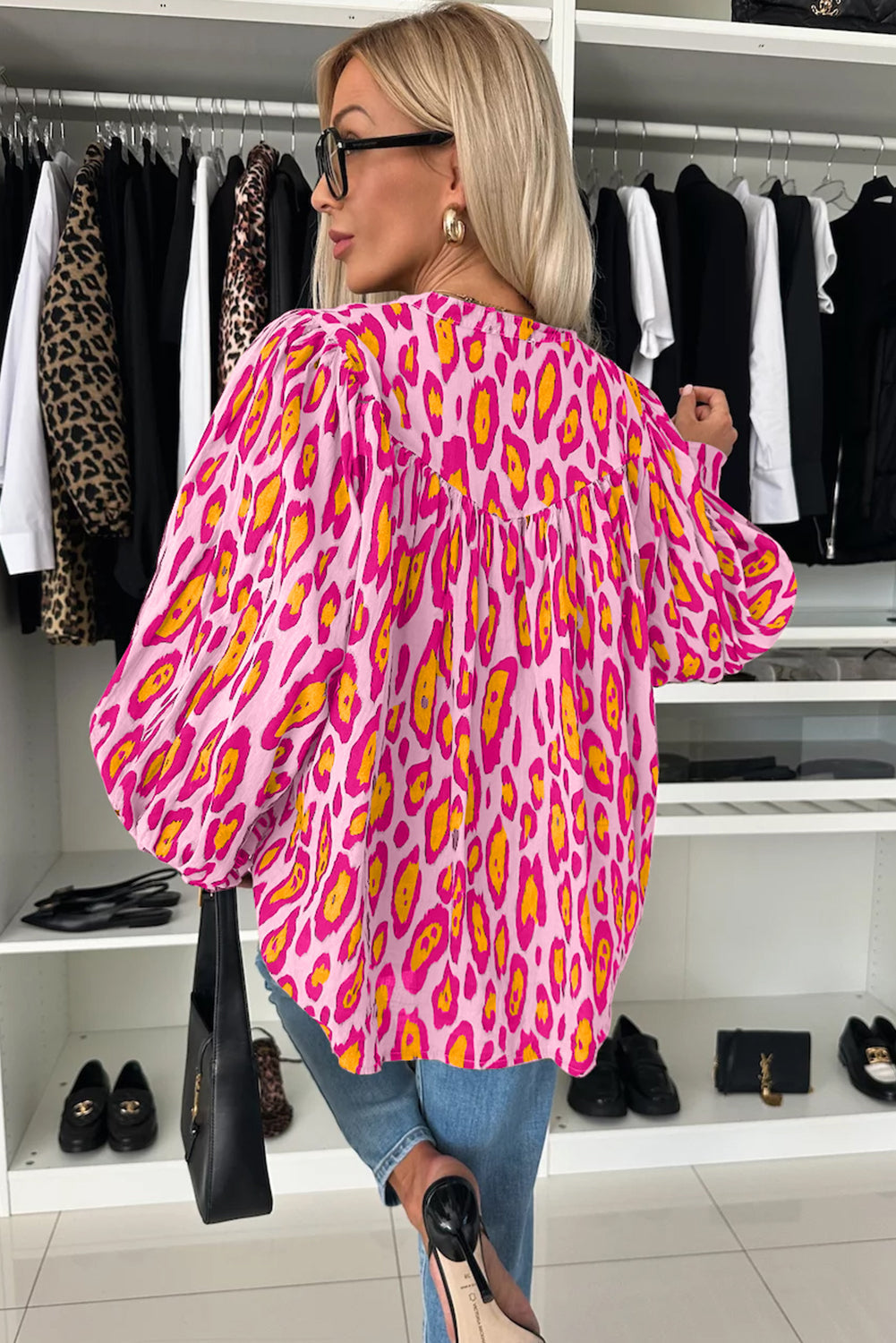 Light French Beige Leopard Print Balloon Sleeve Loose Blouse  Shop One Place
