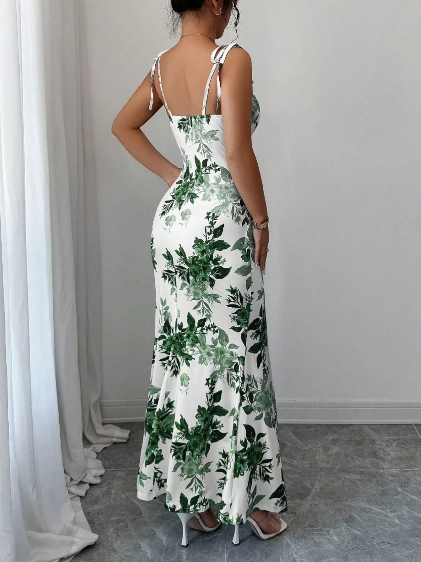 Printed Tie Strap Slit Maxi Dress  Shop One Place