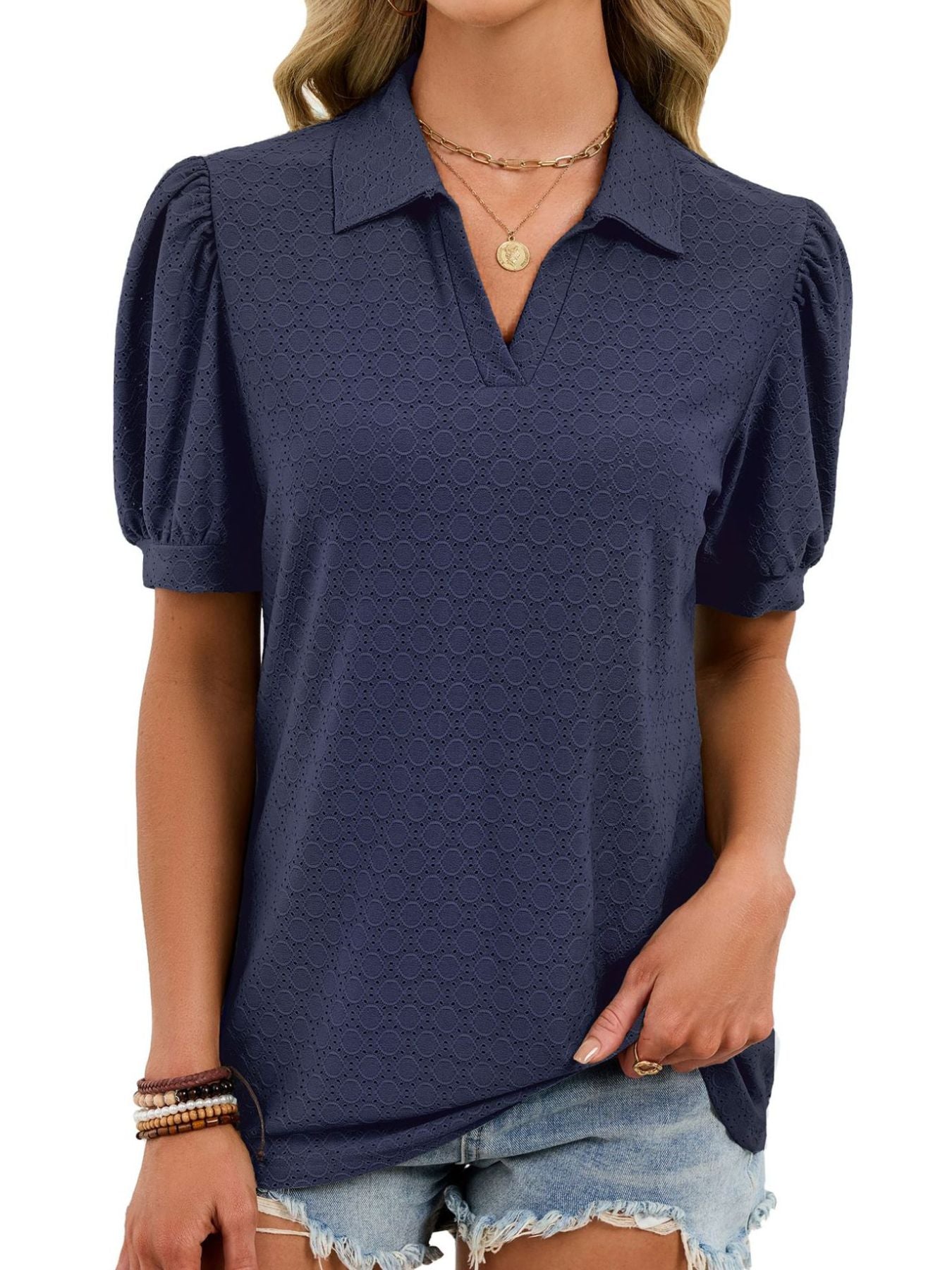 Eyelet Johnny Collar Puff Sleeve Top  Shop One Place