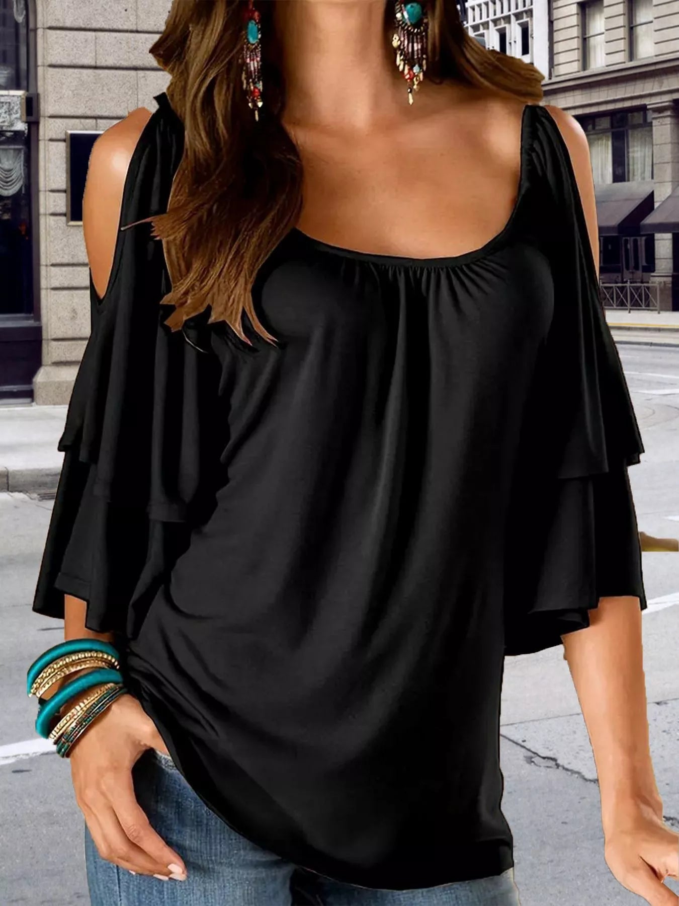 Cold Shoulder Ruffle Sleeve T-Shirt  Shop One Place