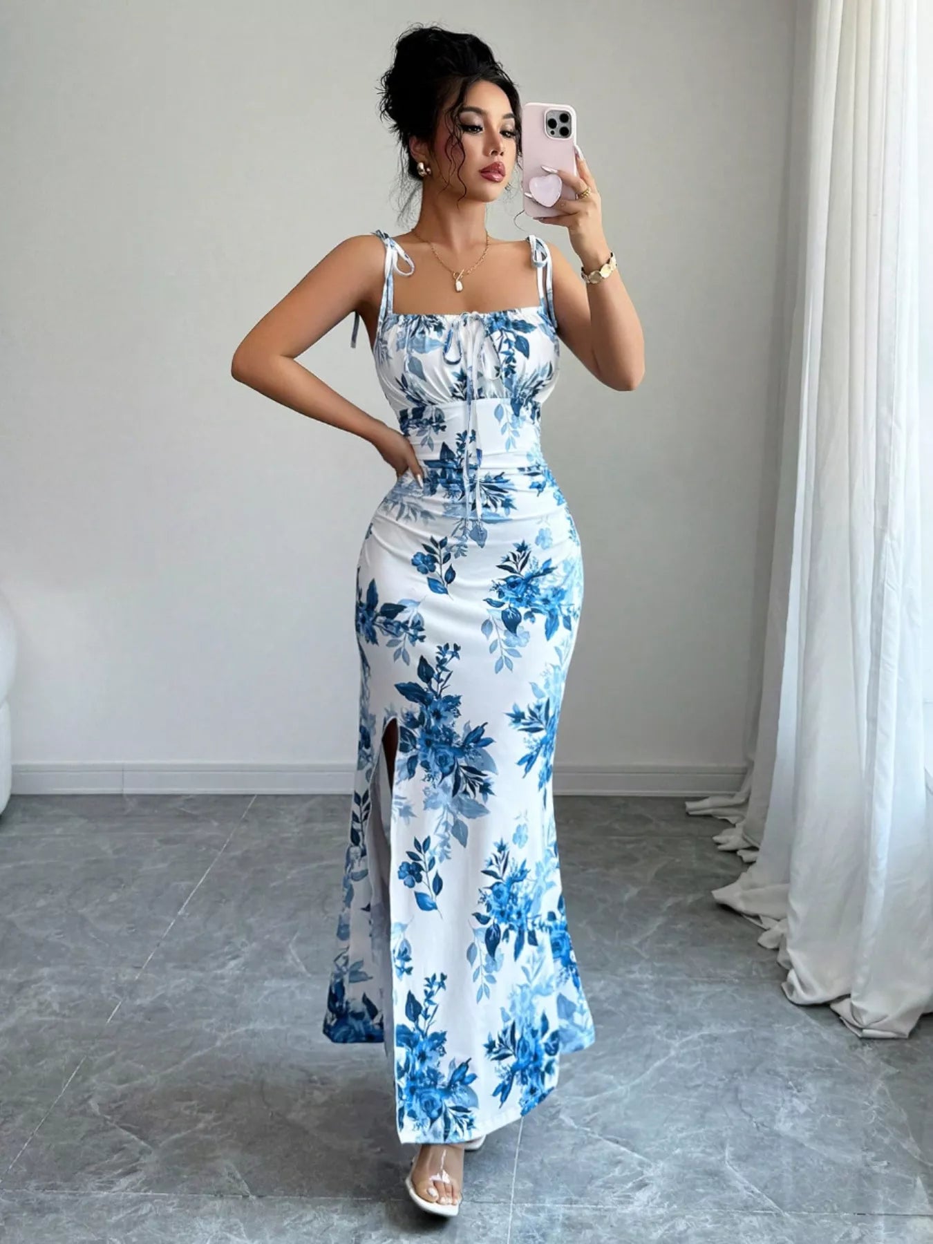 Printed Tie Strap Slit Maxi Dress  Shop One Place