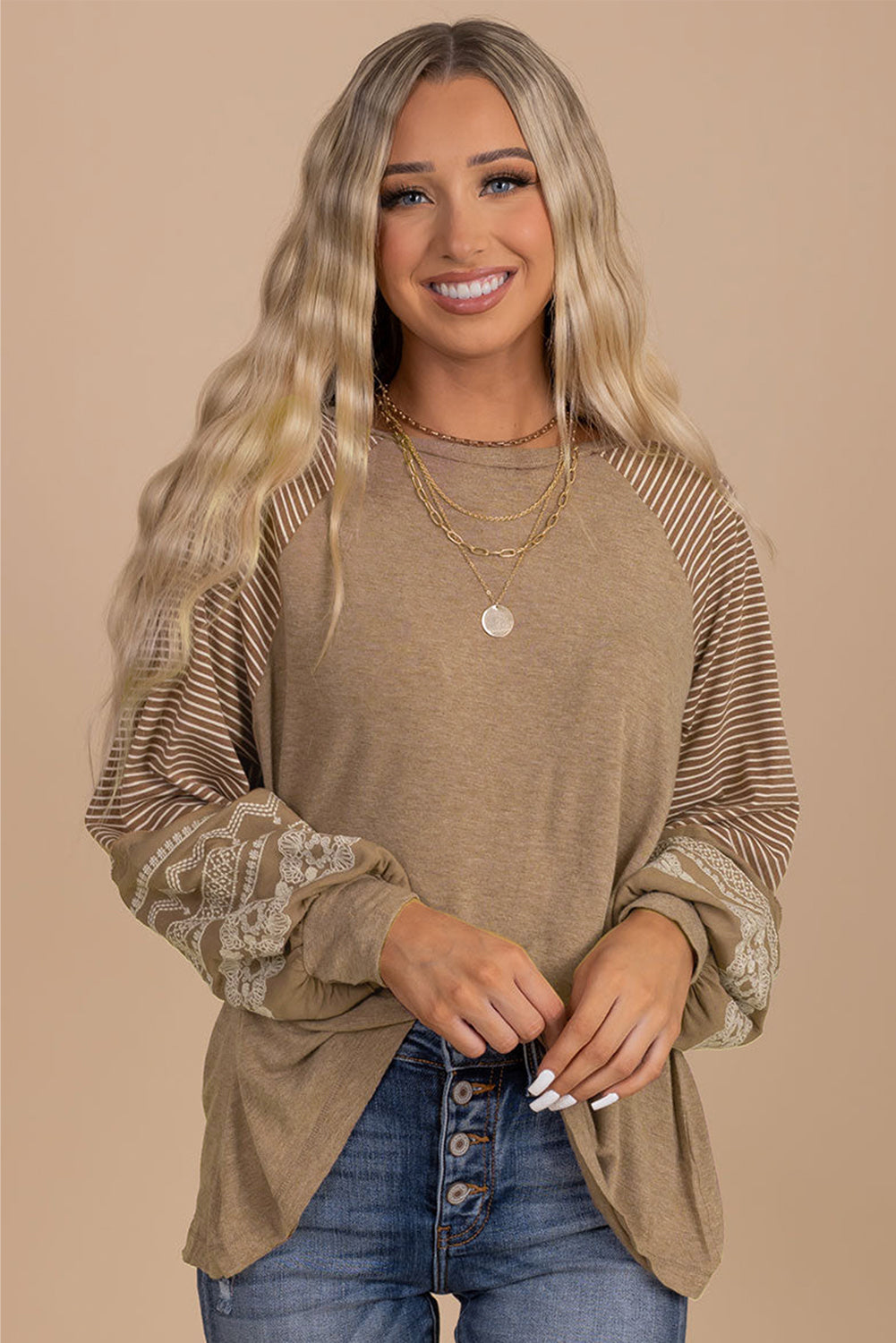 Gray Contrast Print Striped Raglan Long Sleeve Loose Top  Shop One Place