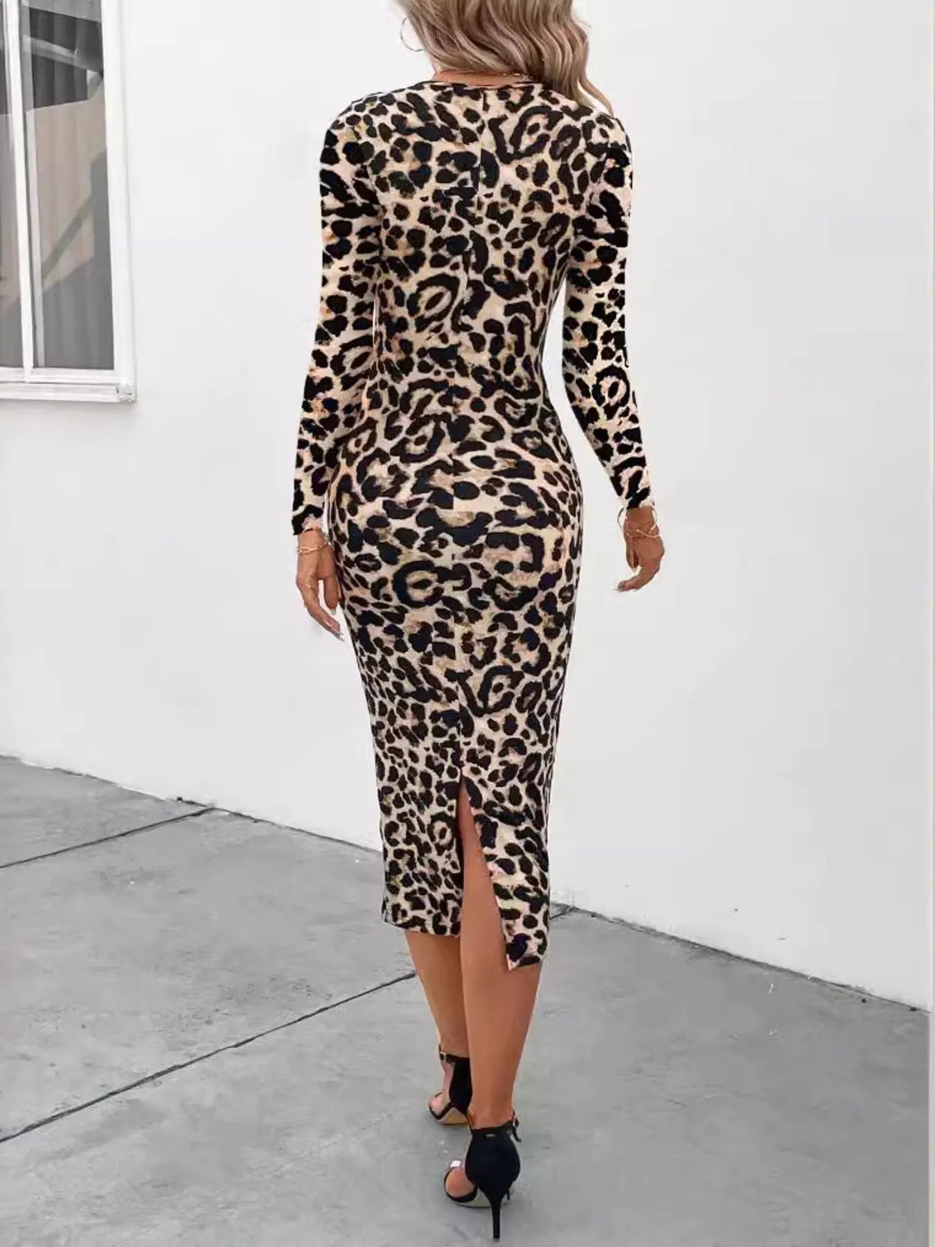 Leopard Print Long Sleeve Bodycon Midi Dress  Shop One Place