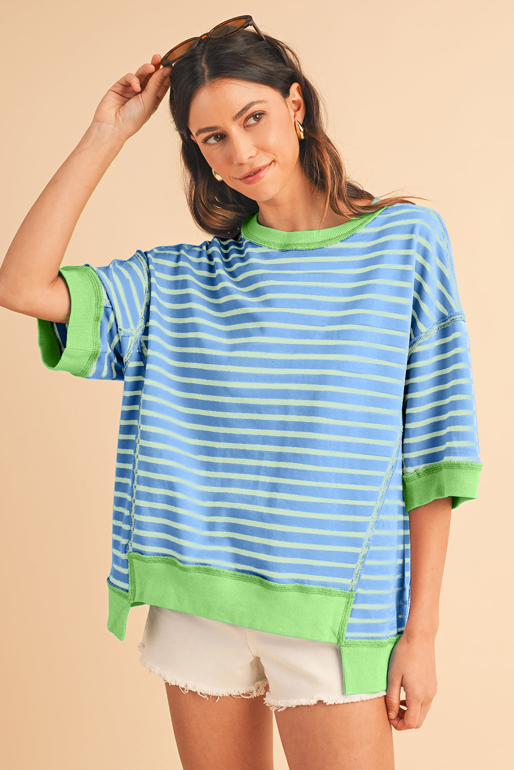 Stripe Colorblock Drop Sleeve Oversized T Shirt