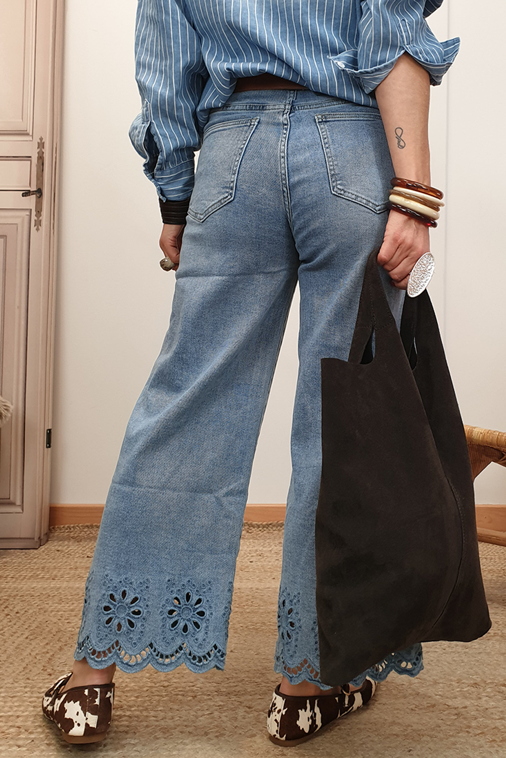 Dusk Blue Embroidered Cropped Wide Leg High Waist Jeans  Shop One Place