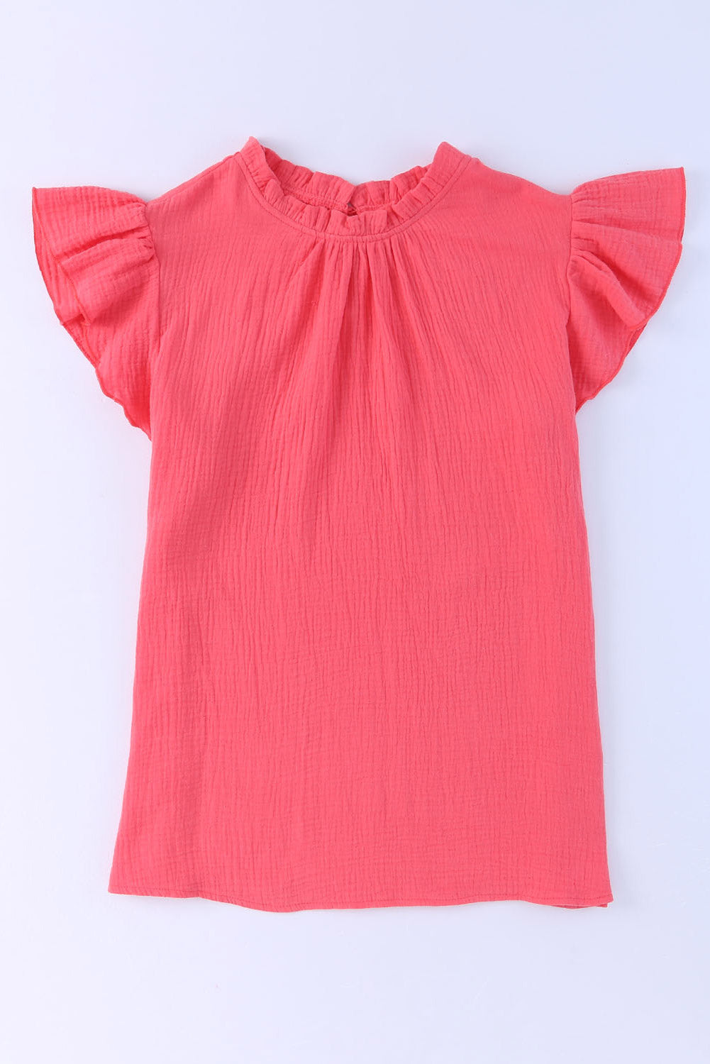 Rosy Crinkled Ruffle Casual Short Sleeve Blouse