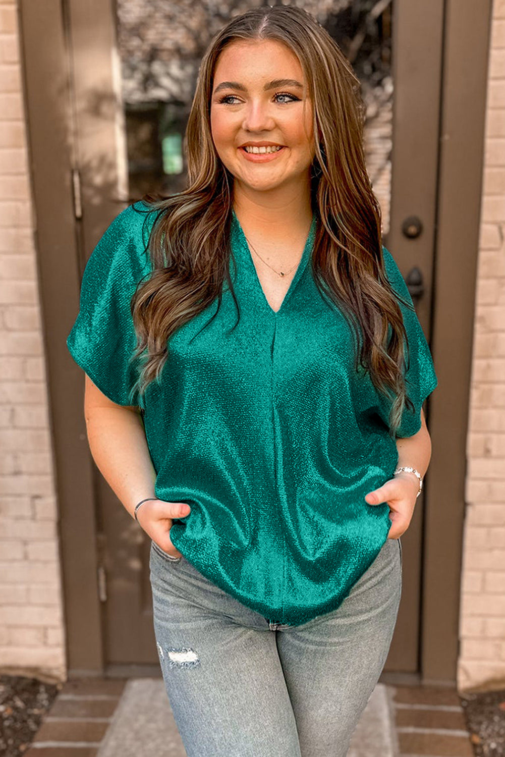 Skobeloff Solid Color Satin Plus Size V Neck Tee