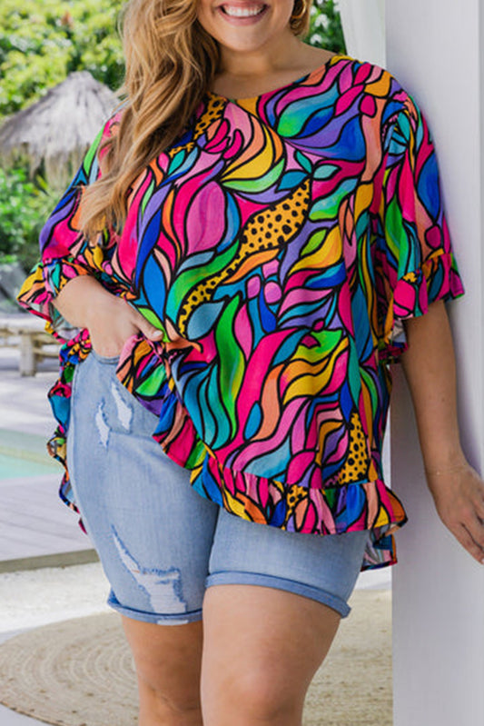 Rose Abstract Print Plus Size Frilly Trim Blouse