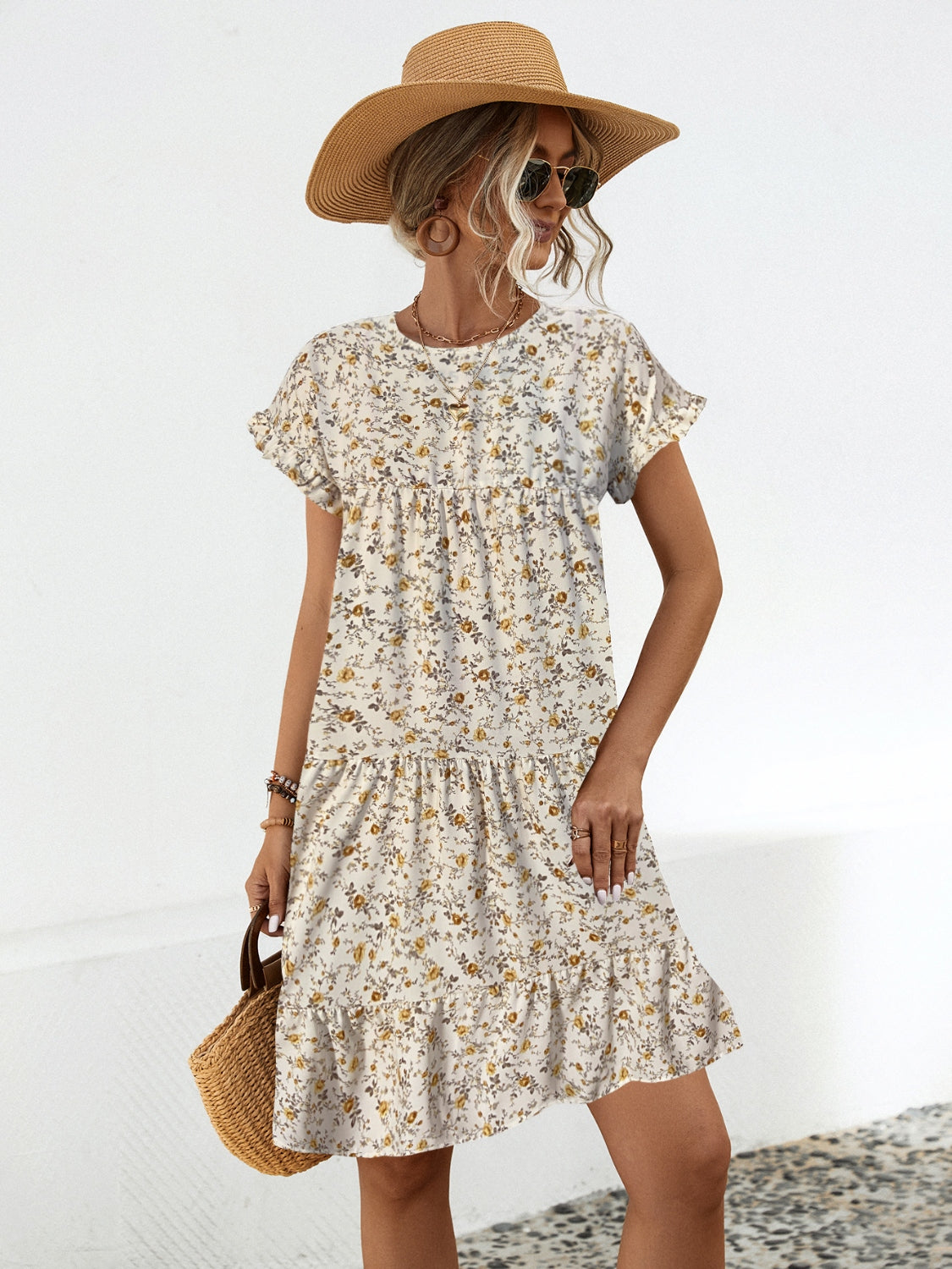 Frill Floral Round Neck Short Sleeve Tiered Dress