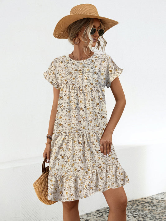 Frill Floral Round Neck Short Sleeve Tiered Dress  Shop One Place