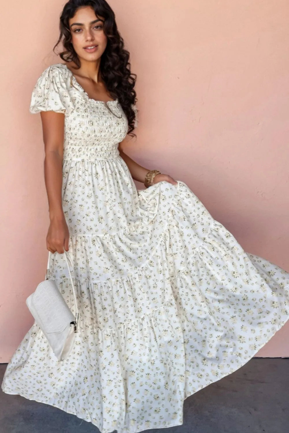 Floral Smocked Short Puff Sleeve Maxi Dress  Shop One Place