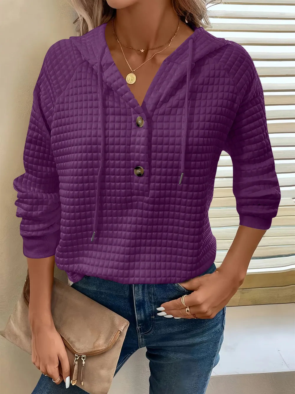 Full Size Texture Button Detail Drawstring Long Sleeve Hoodie  Shop One Place