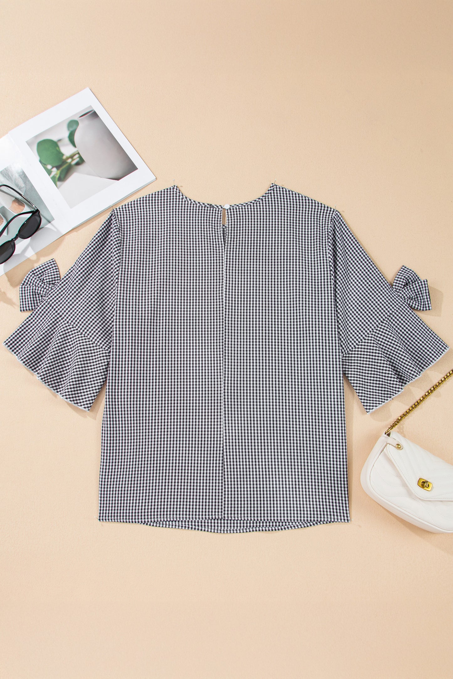 Black Plus Size Plaid Bow Decor Bell Sleeve Round Neck Jumper  Shop One Place