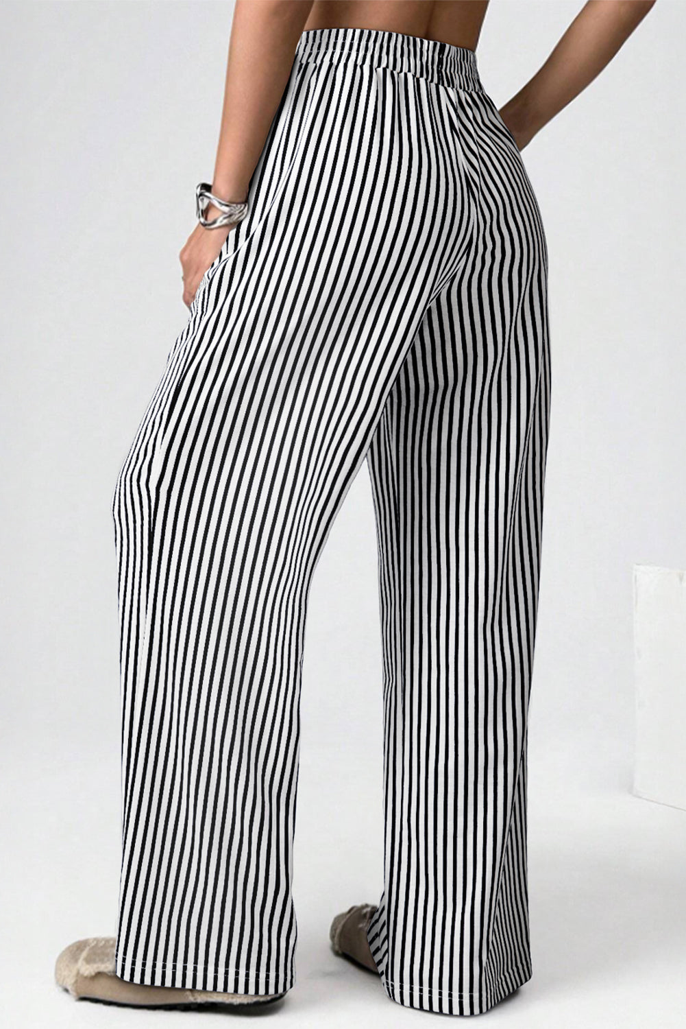 Black Striped Elastic Waistband Pocketed Loose Pants  Shop One Place