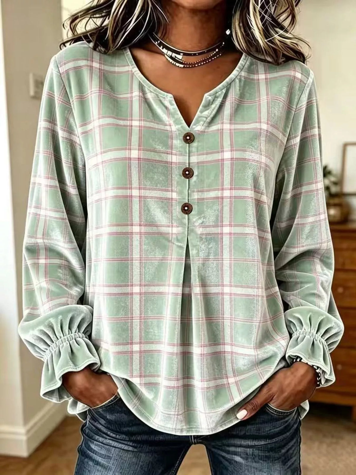Women's Plaid Velvet Flounce Sleeve Blouse – view 17