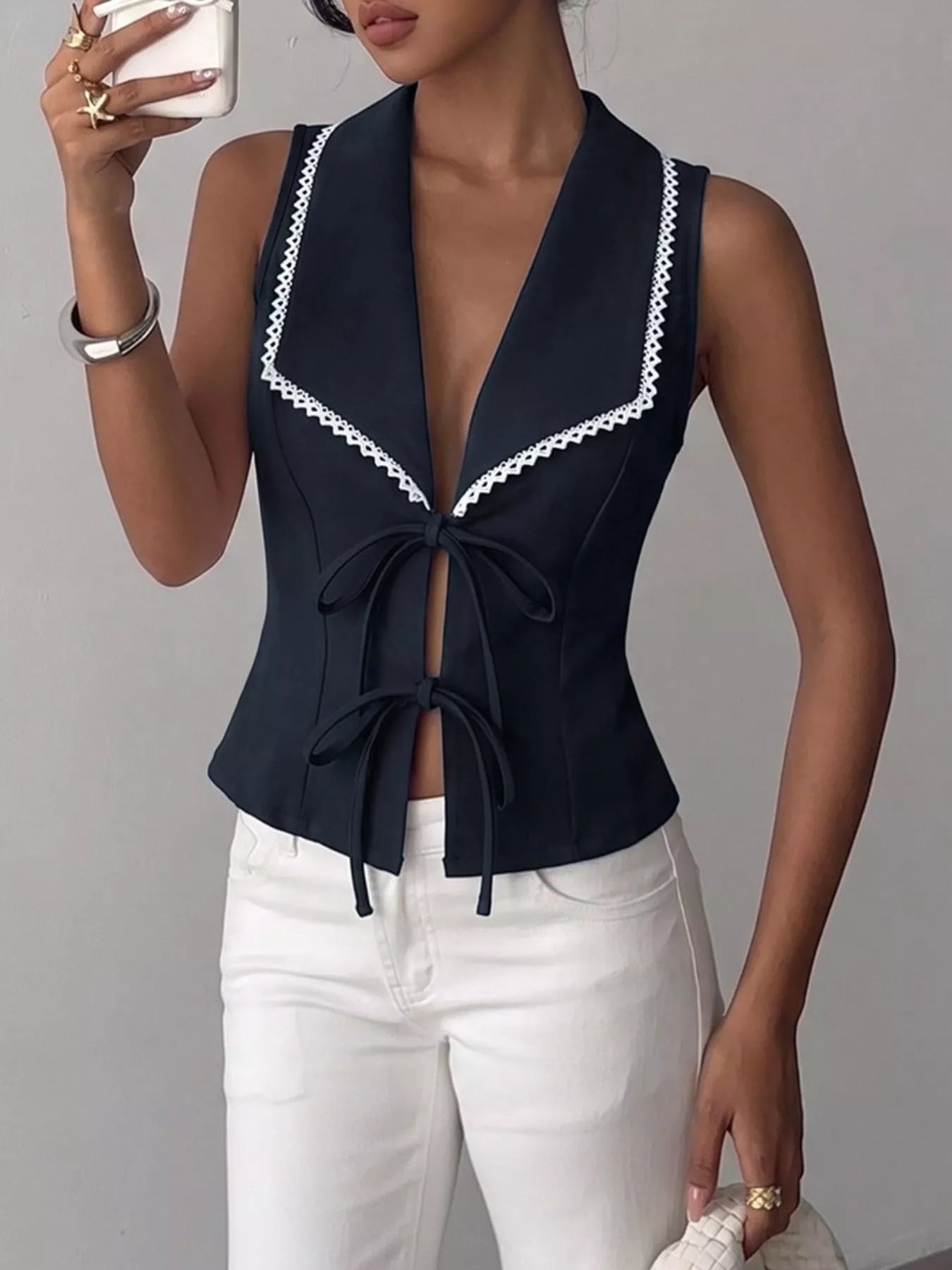 Lace Trim Tie-Front Vest  Shop One Place