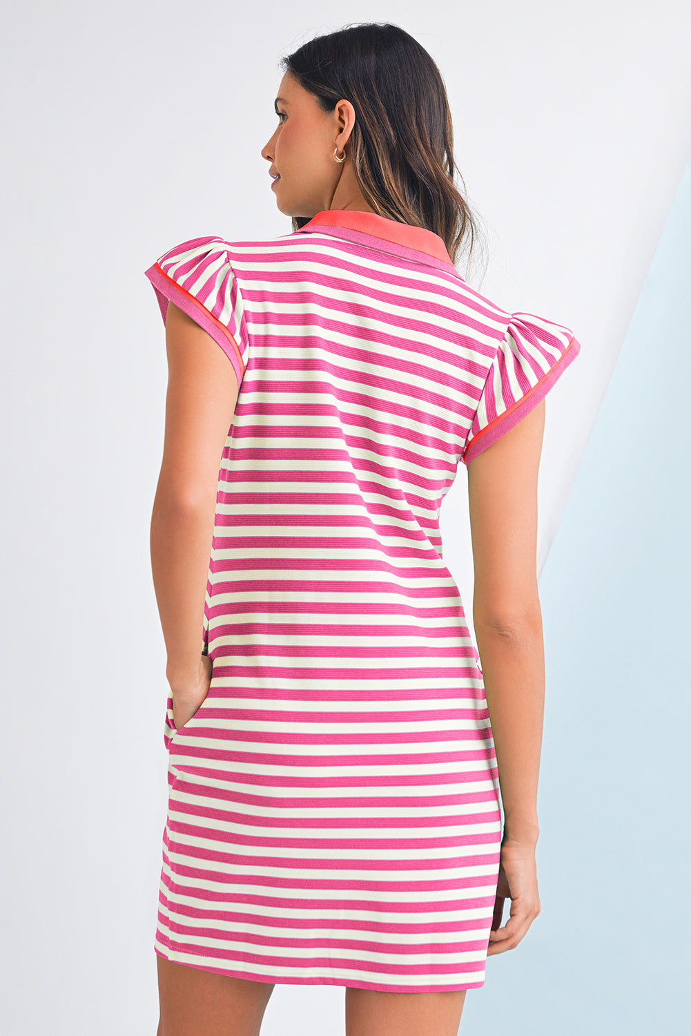 Dark Blue Striped Ruffle Short Sleeve Pop of Color Neckline Dress  Shop One Place