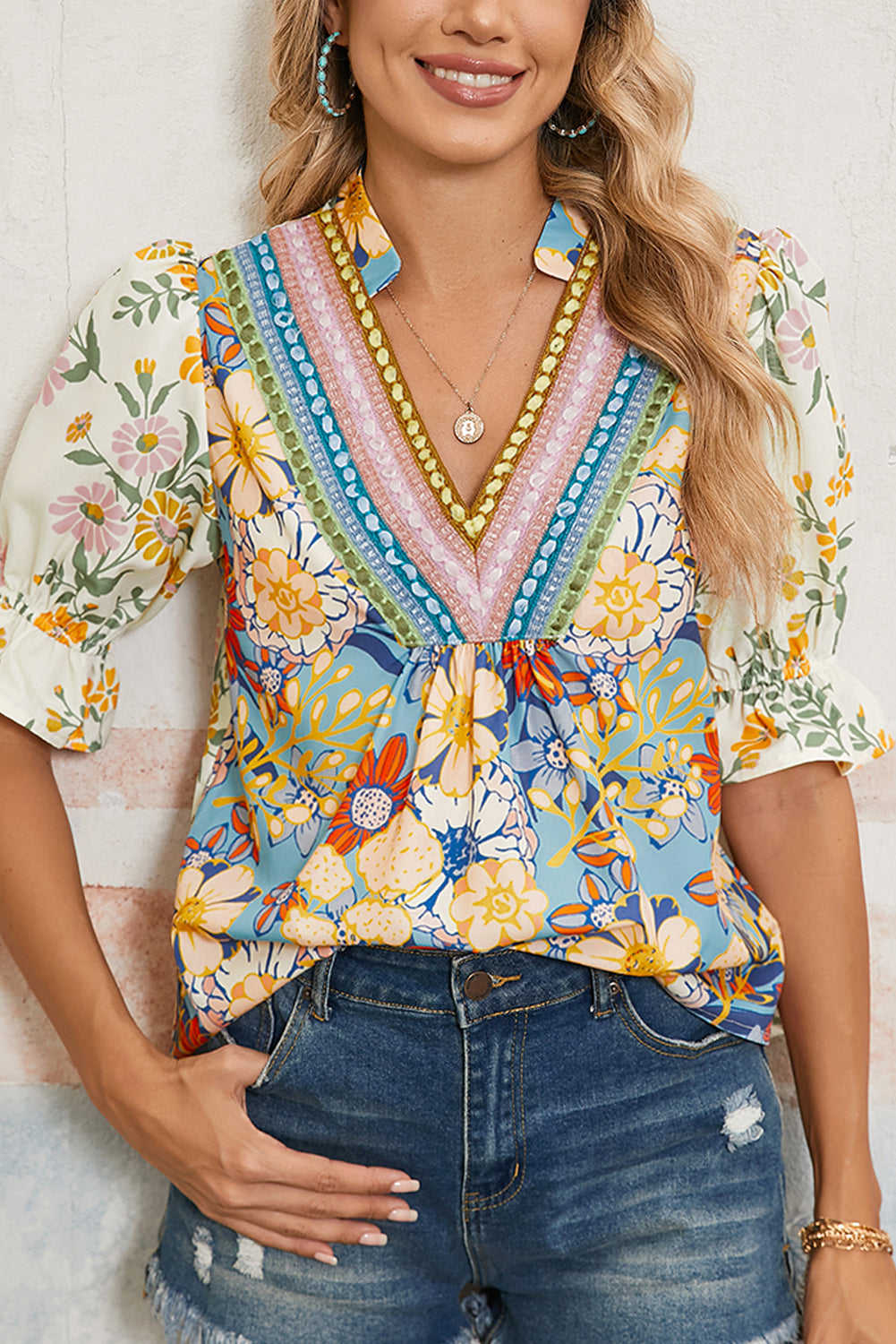 Multicolour Half Sleeve Boho Floral Pop of Color Neckline Blouse  Shop One Place