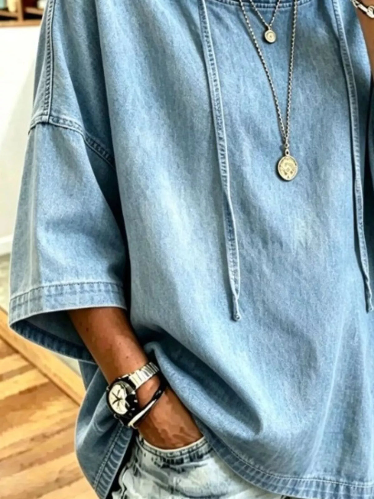 Full Size Oversized Washed Denim Hoodie Top Plus Size  Shop One Place