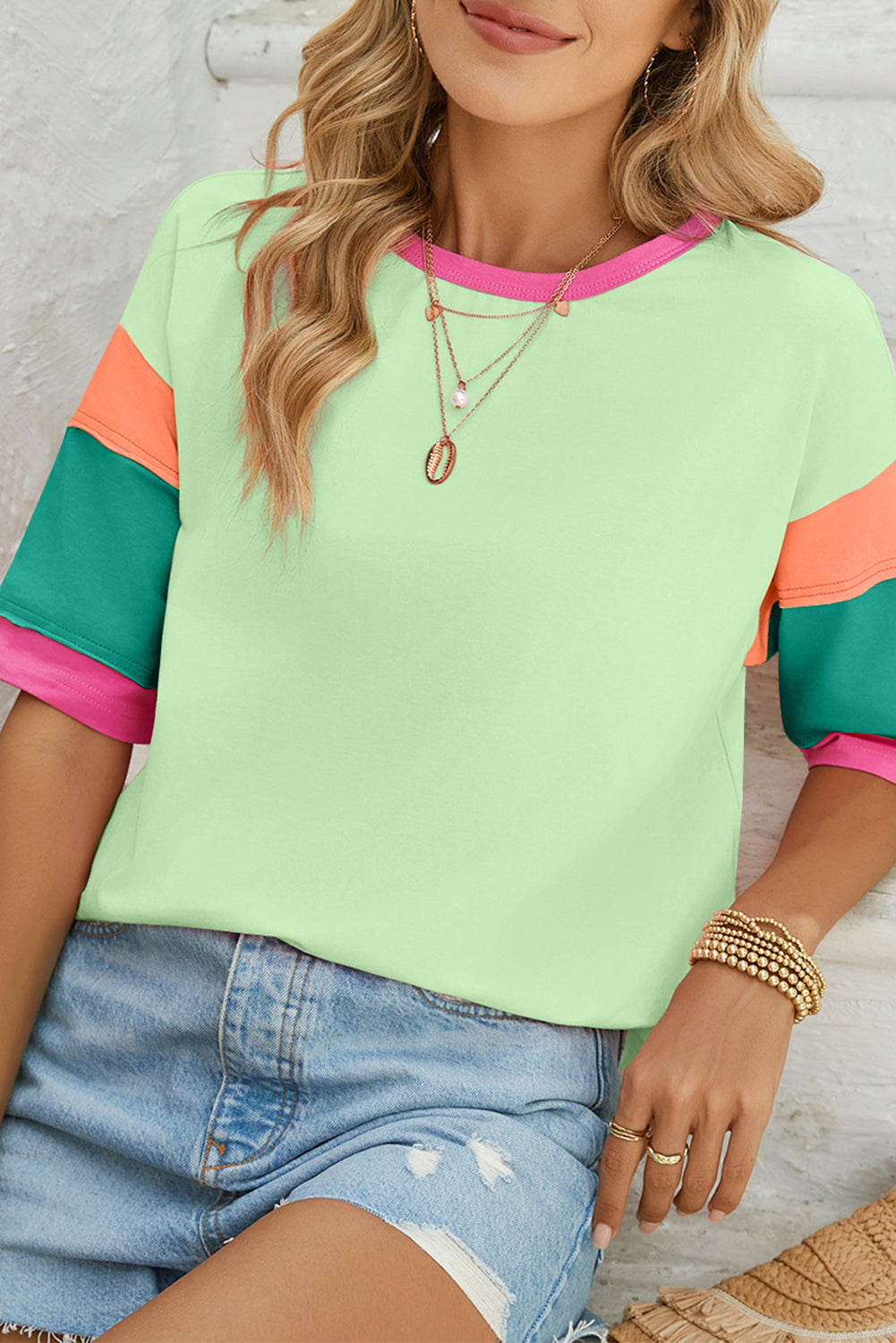 Green Color Block Sleeve Round Neck Oversize Top  Shop One Place