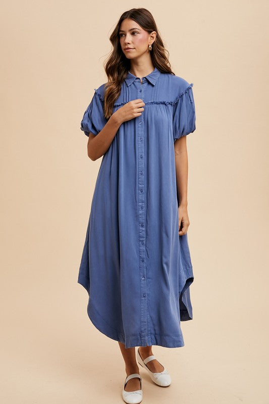 Peacock Blue Annie Wear Mineral Washed Button Down Puff Sleeve Shirt Dress