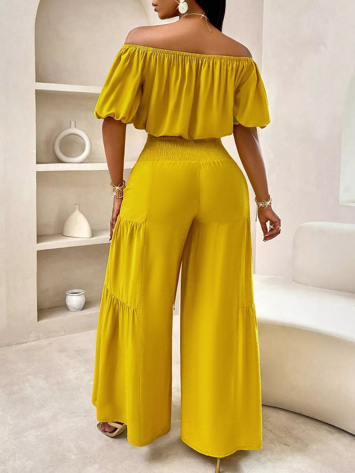 Elegant Off-Shoulder Crop Top and Ruched Wide Leg Pants Set  Shop One Place