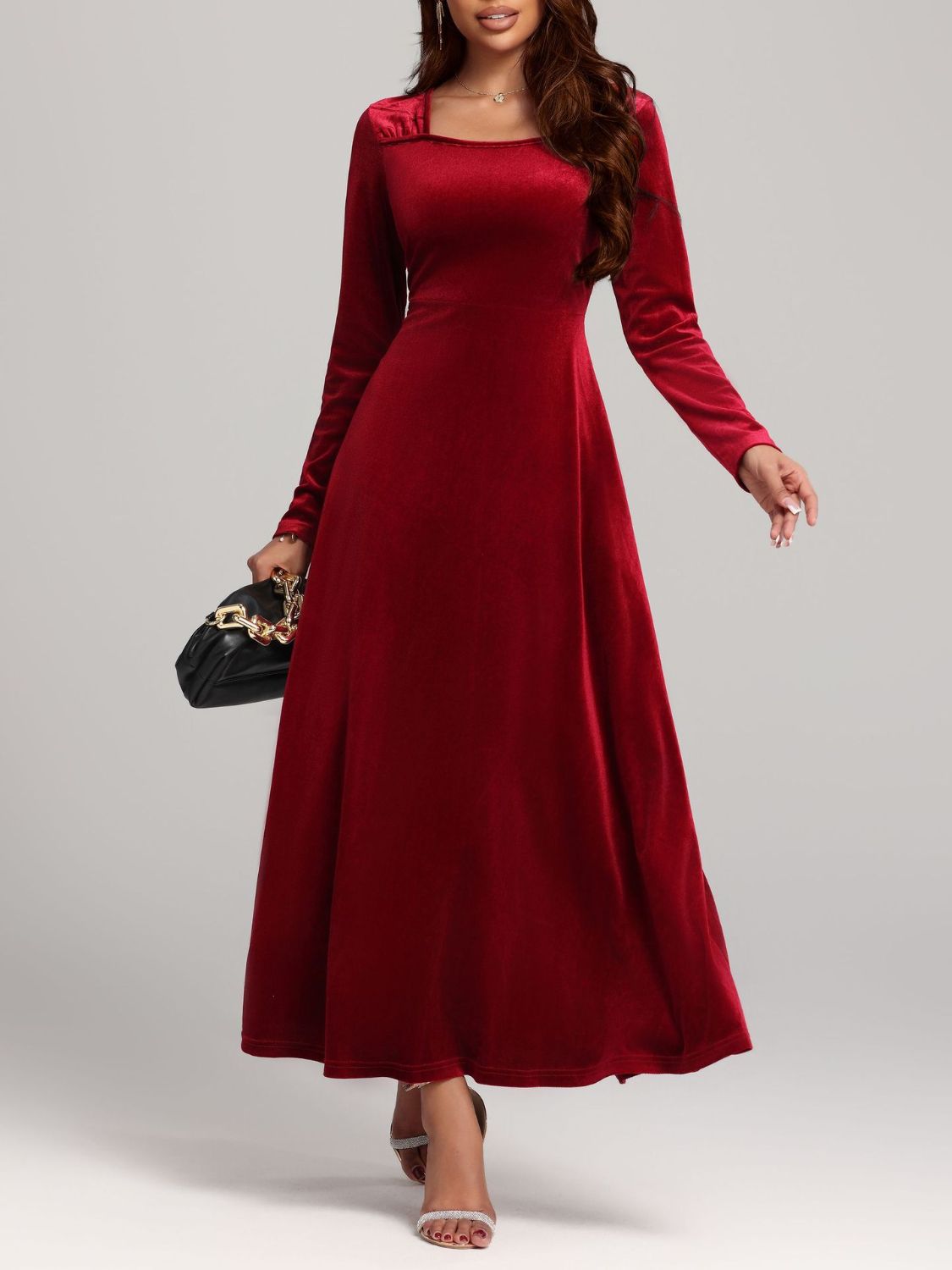 Square Neck Long Sleeve Velvet Dress  Shop One Place