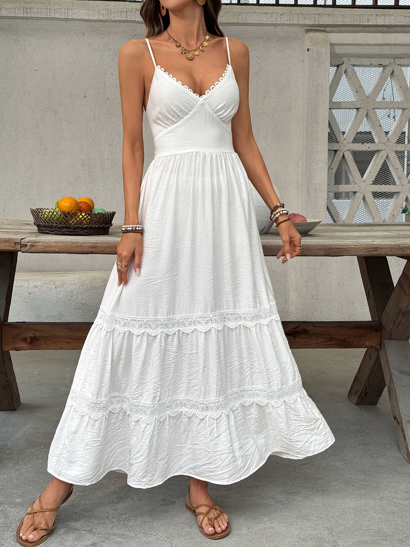 Lace Detail V-Neck Tiered Maxi Dress  Shop One Place