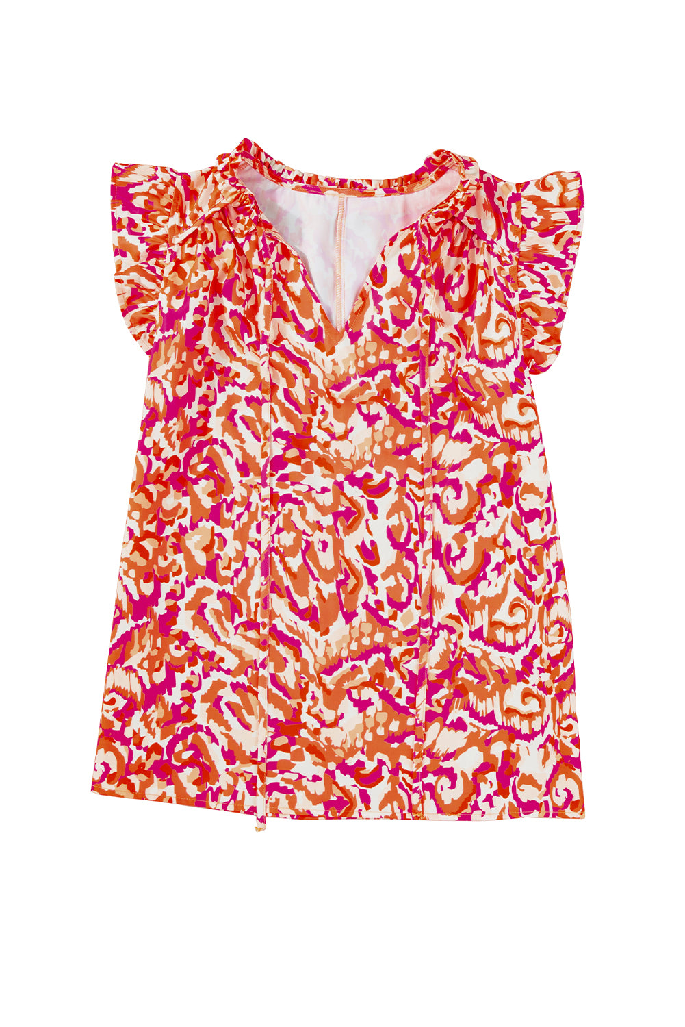 Orange Abstract Print Frill Split Neck Ruffle Sleeveless Top