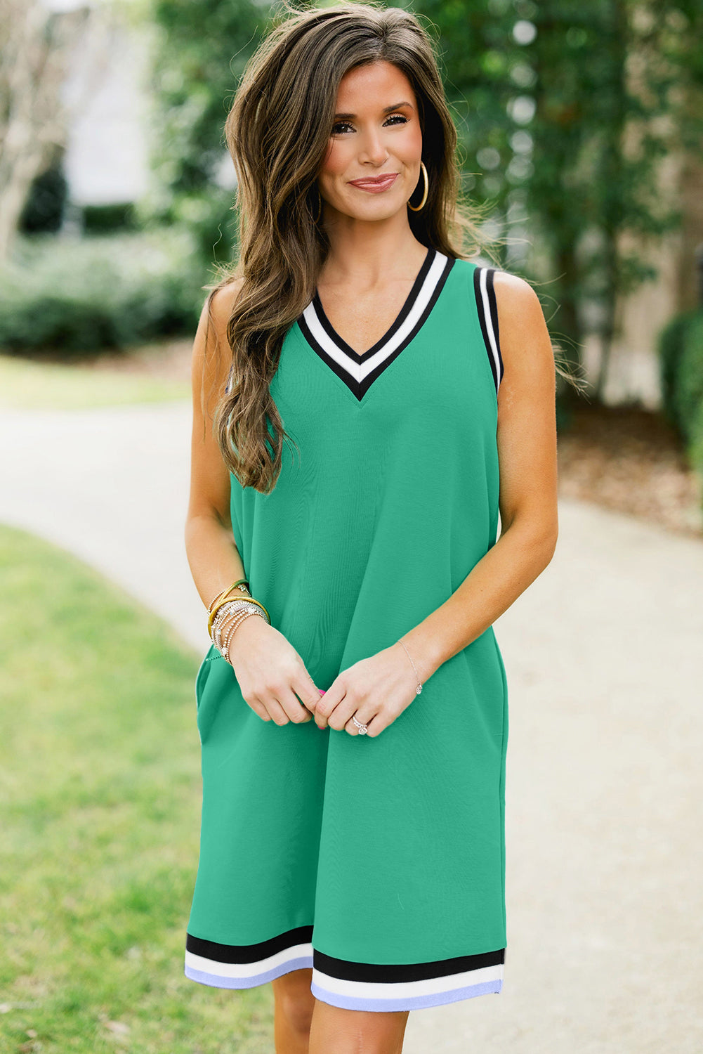Mint Green Contrast Trim V Neck Sleeveless Mini Dress  Shop One Place