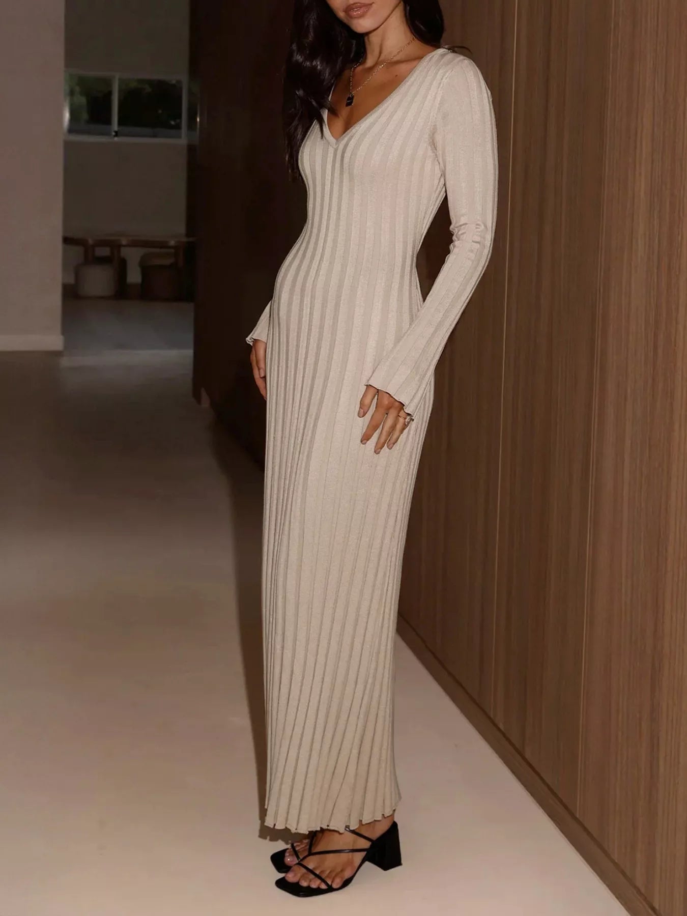 Ribbed Knit V-Neck Long Sleeve Maxi Dress  Shop One Place
