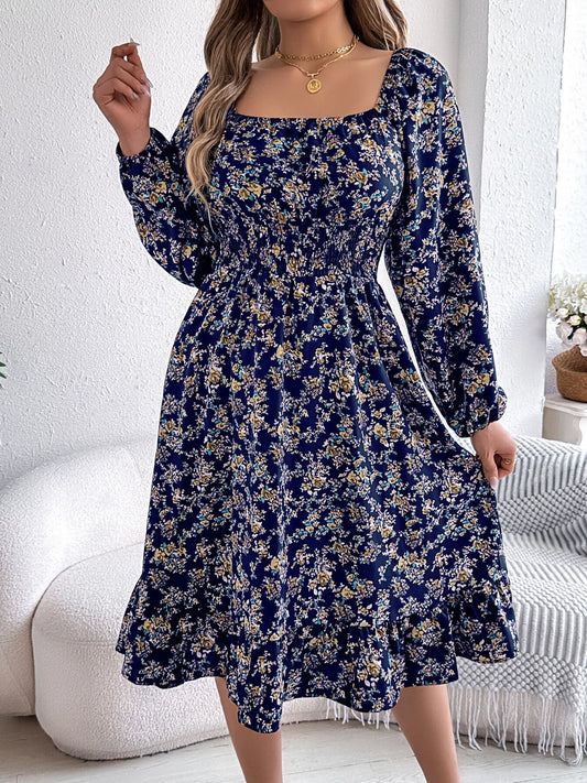 Floral Print Long Sleeve Square Neck Midi Dress  Shop One Place