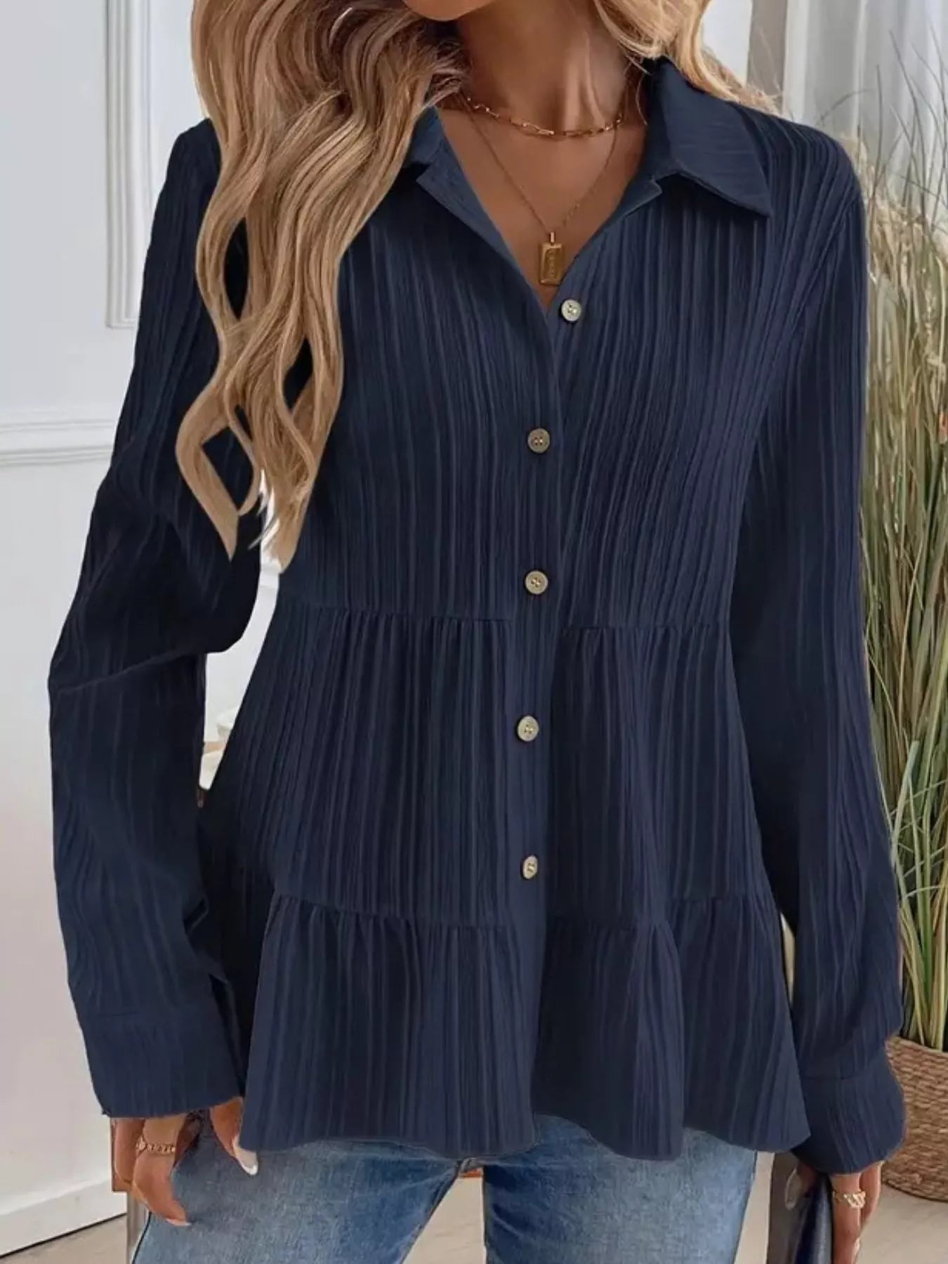 Button-Down Long Sleeve Tiered Shirt  Shop One Place