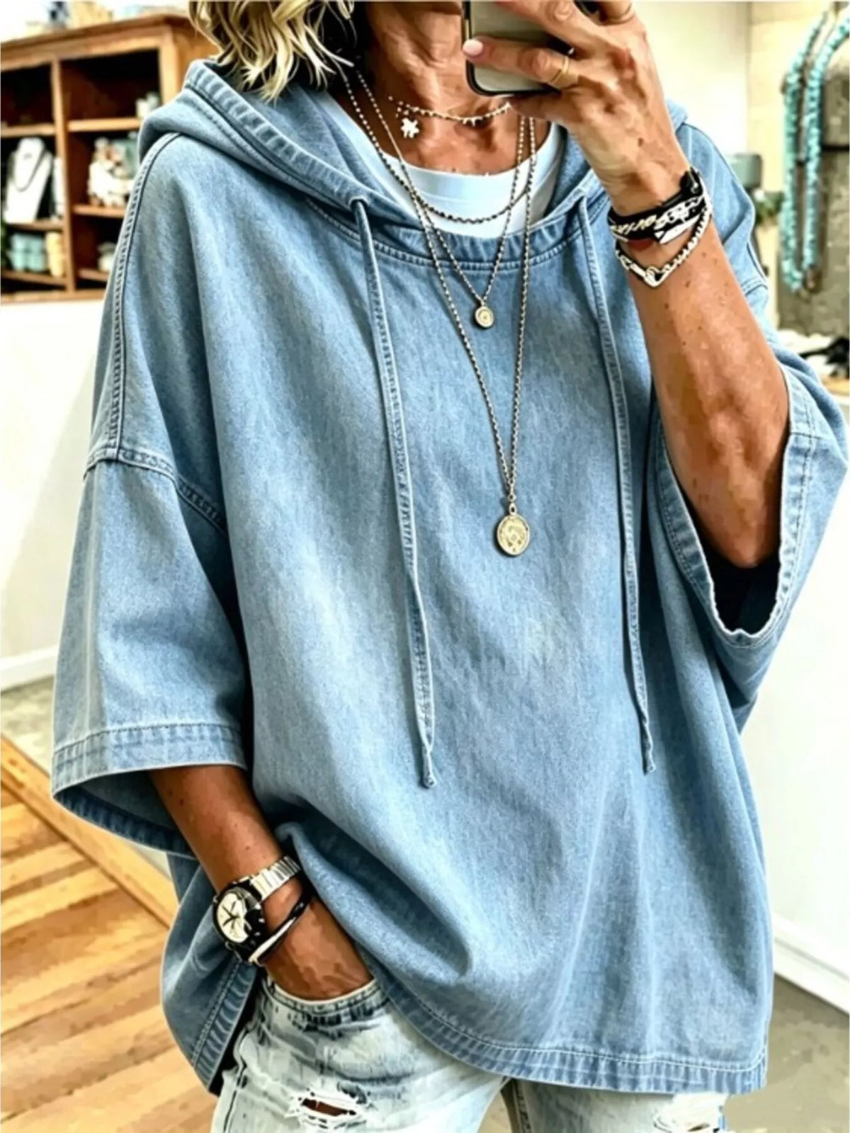 Full Size Oversized Washed Denim Hoodie Top Plus Size  Shop One Place
