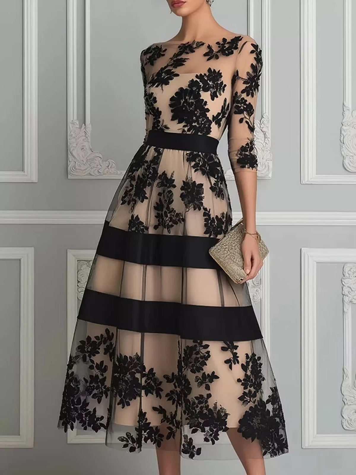 Women's Floral Tulle A-Line Midi Dress