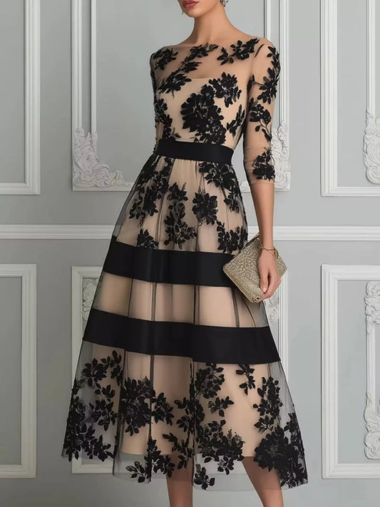 Women's Floral Tulle A-Line Midi Dress