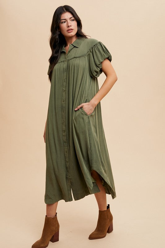 Army Green Annie Wear Mineral Washed Button Down Puff Sleeve Shirt Dress