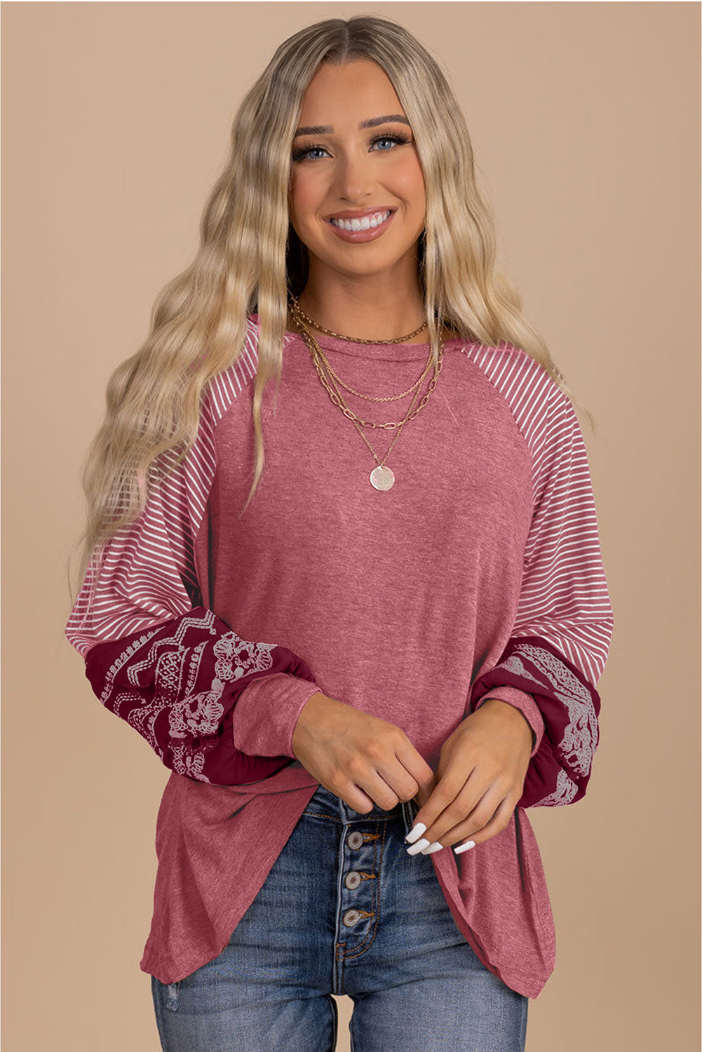 Gray Contrast Print Striped Raglan Long Sleeve Loose Top  Shop One Place